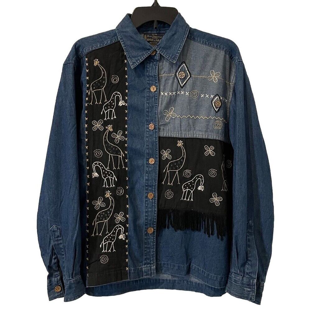 New Direction Petite Large Giraffe, Blue Jean Shirt Button Up